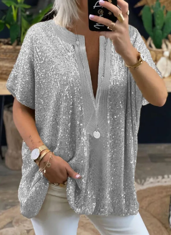 Women’s Clothing Women's New Loose Sequined V-neck Short-sleeved Casual Shirt_voghion.com