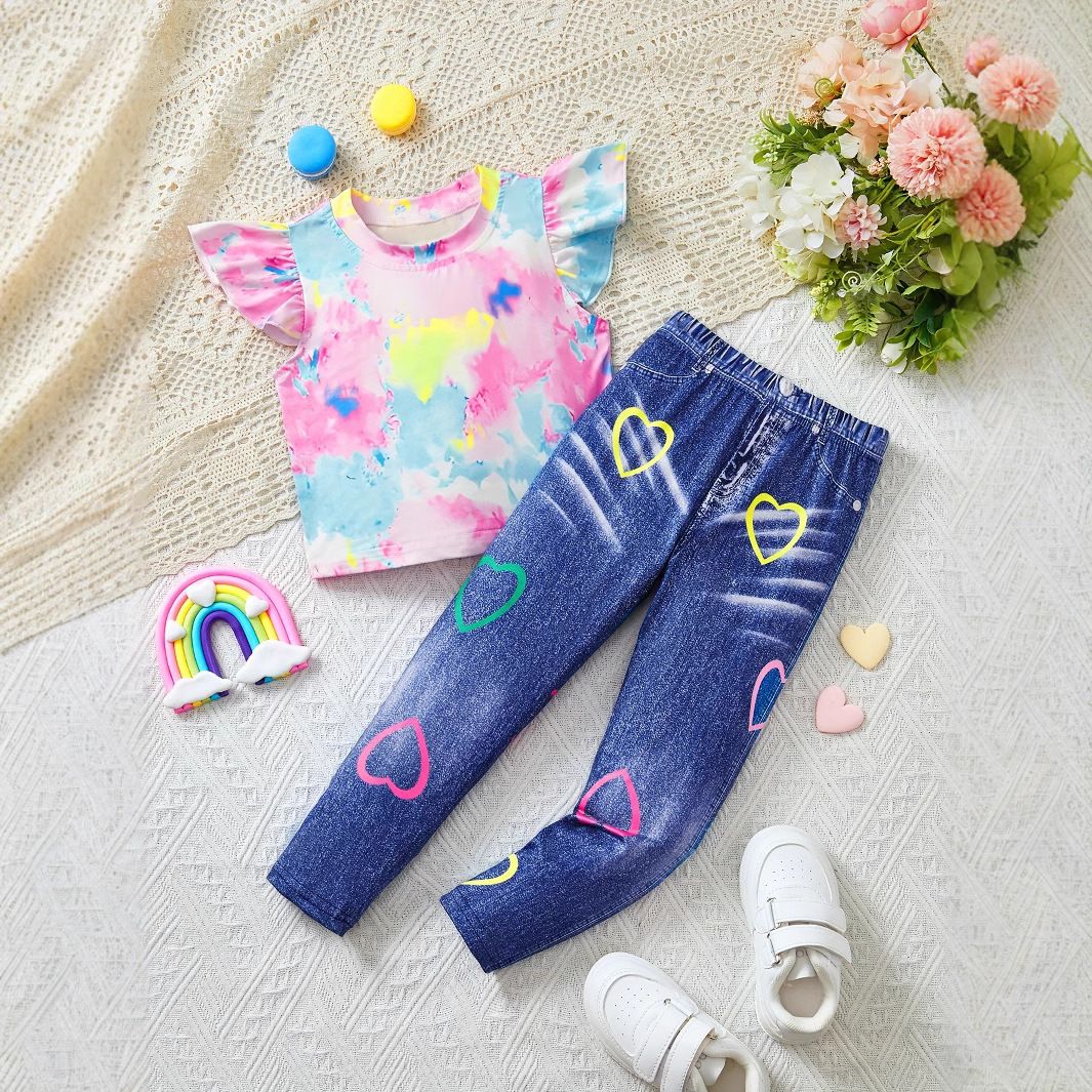 Mor & Barn INS Flickor Sommarkläder Liten flygärm Topp Denimtryck Byxor Kostym Leggings Tvådelat set_voghion.com