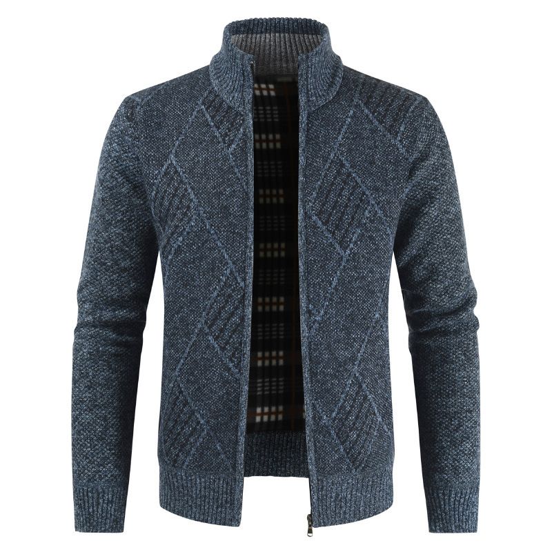 Herrenbekleidung Pullover Jugendmode Trend Reißverschluss Strickjacke Stehkragen Plaid Casual Pullover Jacke_voghion.com