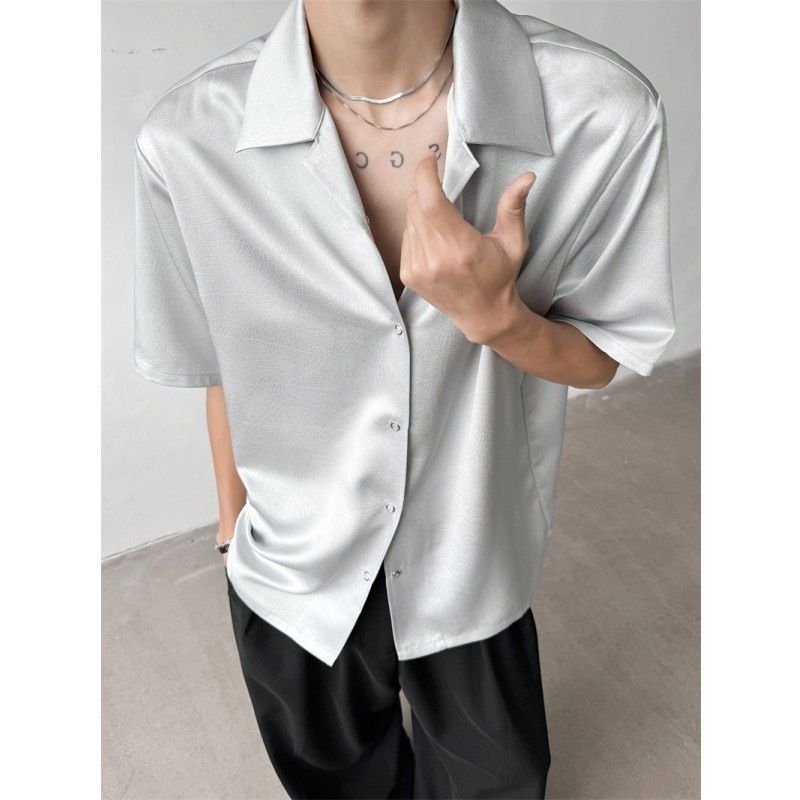Herenkleding Cubaanse kraag overhemd Heren korte mouwen High End Cool Ice Silk overhemd Drape Anti-rimpel Cleanfit halflange top_voghion.com