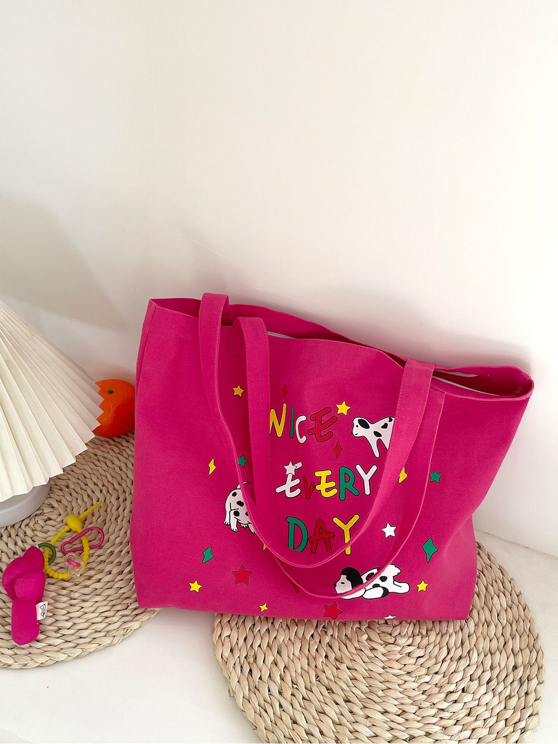 2024 New Student School Cute Illustration Large Capacity Shoulder Zipper Canvas Tote Bag Women_voghion.com