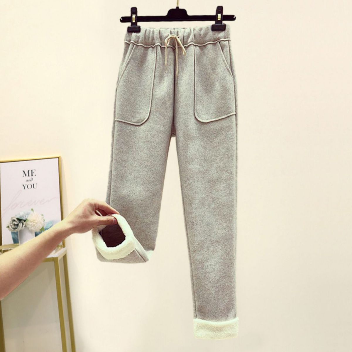 Ensemble deux pièces d'hiver douillet : sweat à capuche doublé polaire et pantalon en laine pour femmes de petite taille, tenue décontractée pour étudiantes._voghion.com