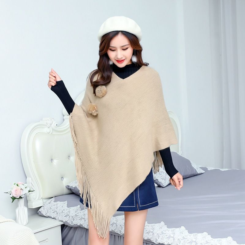 Maglione da donna autunno/inverno 2022 con scollo a V, piccolo mantello con palla di pelo, nappa irregolare, pullover lavorato a maglia_voghion.com