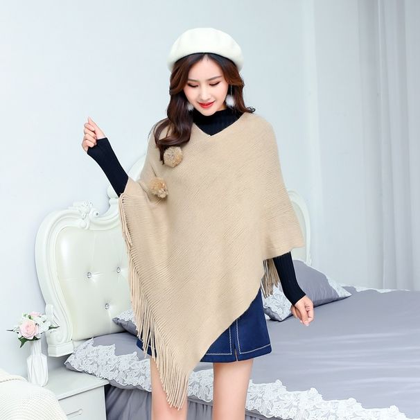 Maglione da donna autunno/inverno 2022 con scollo a V, piccolo mantello con palla di pelo, nappa irregolare, pullover lavorato a maglia_voghion.com