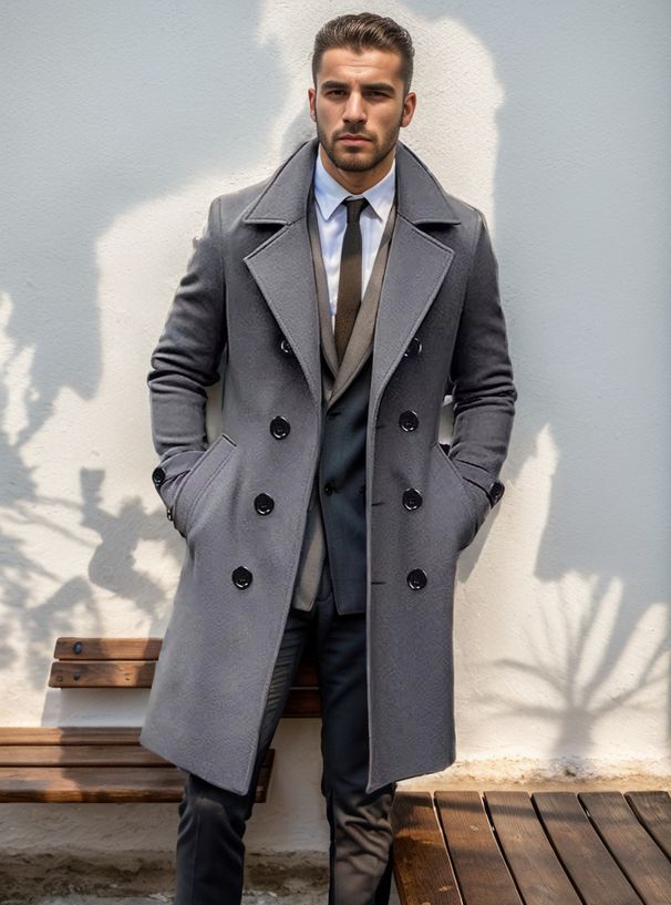 Classico cappotto doppiopetto in lana da uomo - Cappotto lungo slim fit con revers a lancia e tasche laterali (nero, cachi, grigio scuro)_voghion.com