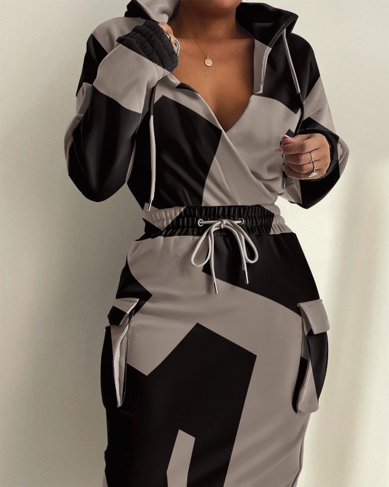 Robes de banlieue à manches longues avec cordon de serrage et col en V pour femmes_voghion.com