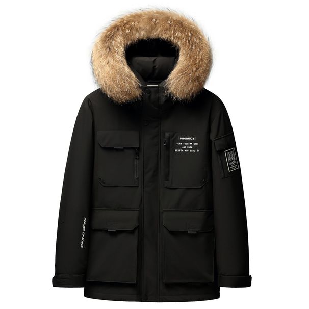 Herrenbekleidung Premium Lange Daunenjacke für Herren mit 800er-Füllkraft aus Gänsefedern – Winddicht, Wasserdicht und Atmungsaktiv – Haferflocken, Schwarz, Karamell_voghion.com
