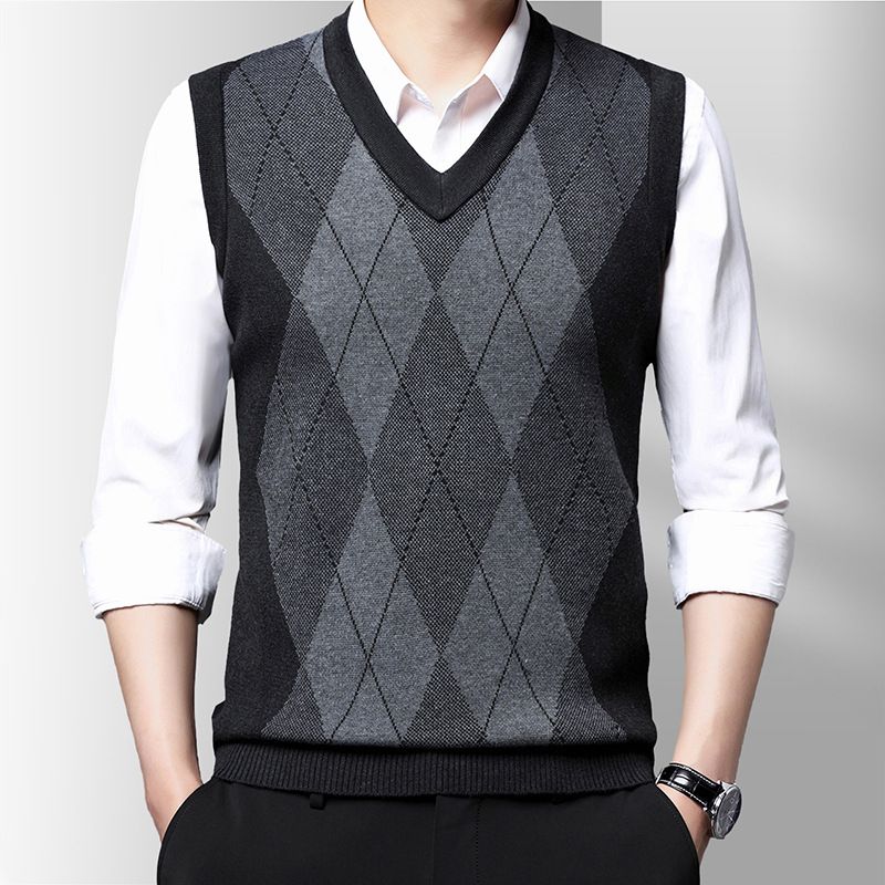 Maglione gilet in lana da uomo lavorato a maglia con scollo a V, motivo a rombi, spesso e senza maniche, per autunno inverno_voghion.com