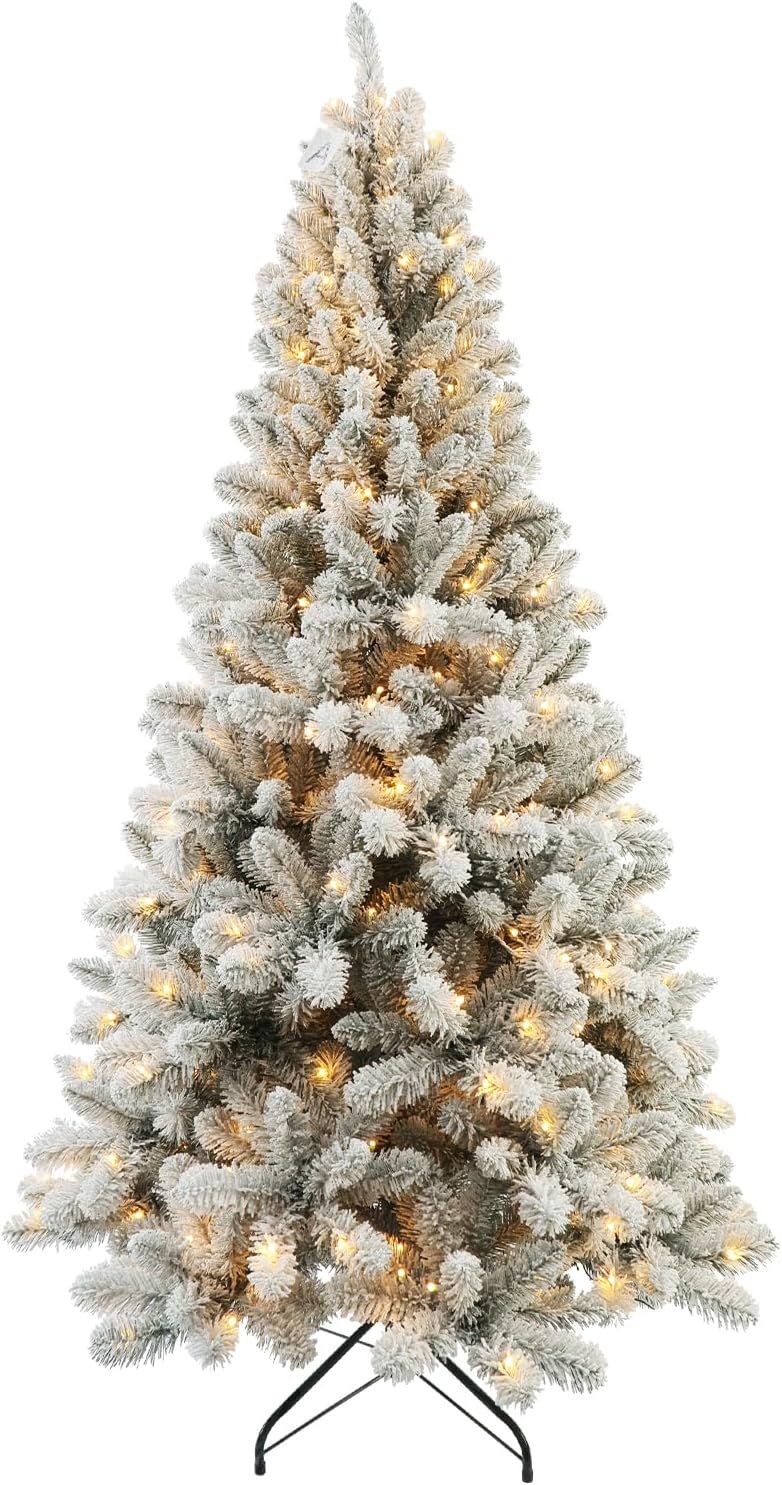 Tree With Lights 6ft - Premium Snow Flocked Artificial Xmas Tree,with 874 Branch Tips And 250 Warm Lightsm,Support Automatique,Perfect Choice For Chr_voghion.com