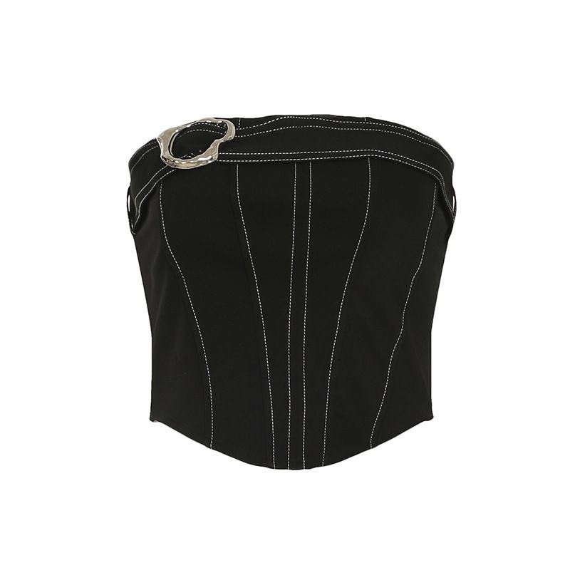 Damenbekleidung Frühling und Sommer Kontrastfarbe Helle Linie Hot Girl Anzug Metallschnalle Rückenfrei Unregelmäßiges Tube Top Niedrige Taille Riemenrock_voghion.com