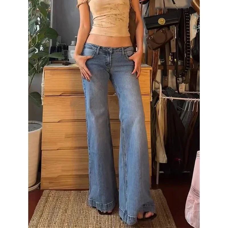 Women's Clothing Hot Girl Low Waist Washed Flared Jeans Female Casual Straight Mopping Trousers_voghion.com