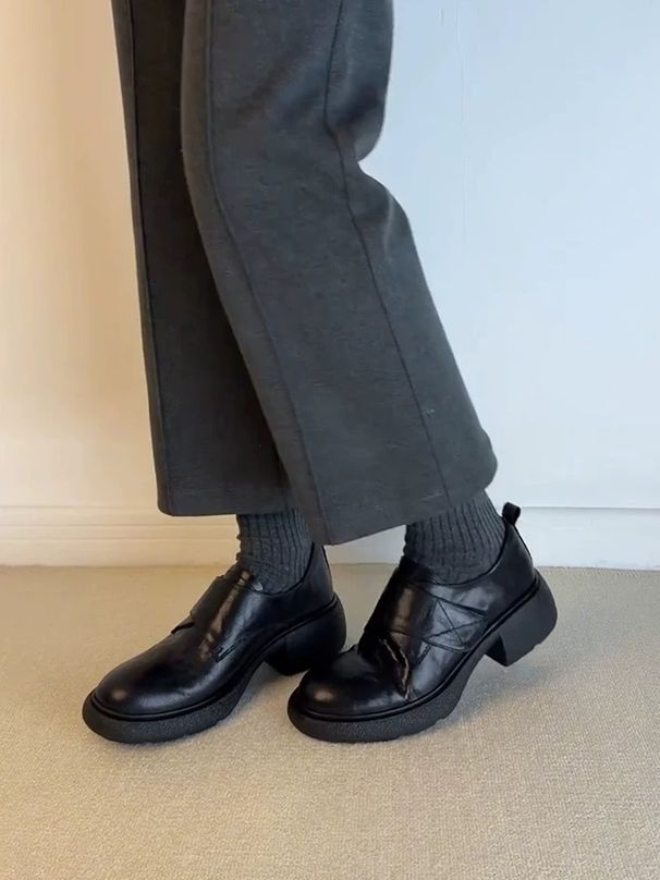 Ultra Soft Leather Slip-On Loafers For Women, Thick Sole Velcro, Commuting With A High-End Feel, Chunky Heel Single_voghion.com