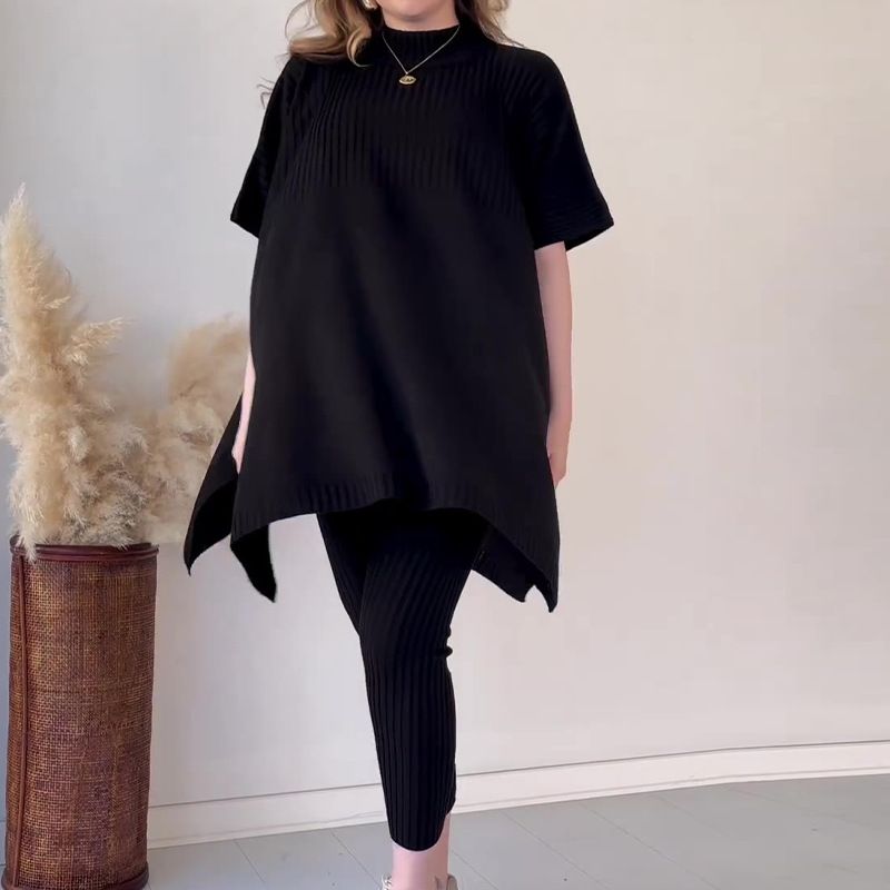 Women's round neck bat shirt large size loose sweater casual two-piece set_voghion.com