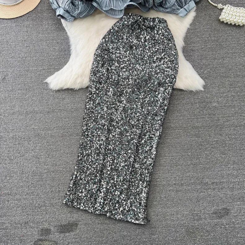 Vêtements pour femmes Costume à la mode, tempérament féminin, chemise brillante à manches longues et col en V avec ourlet en feuille de lotus pour femmes, jupe à paillettes taille haute_voghion.com