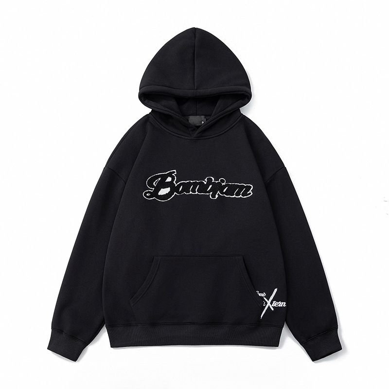 Moletom com capuz pesado – Moletom oversized com tecido atoalhado bordado (unissex, M-XXL, preto/creme)_voghion.com