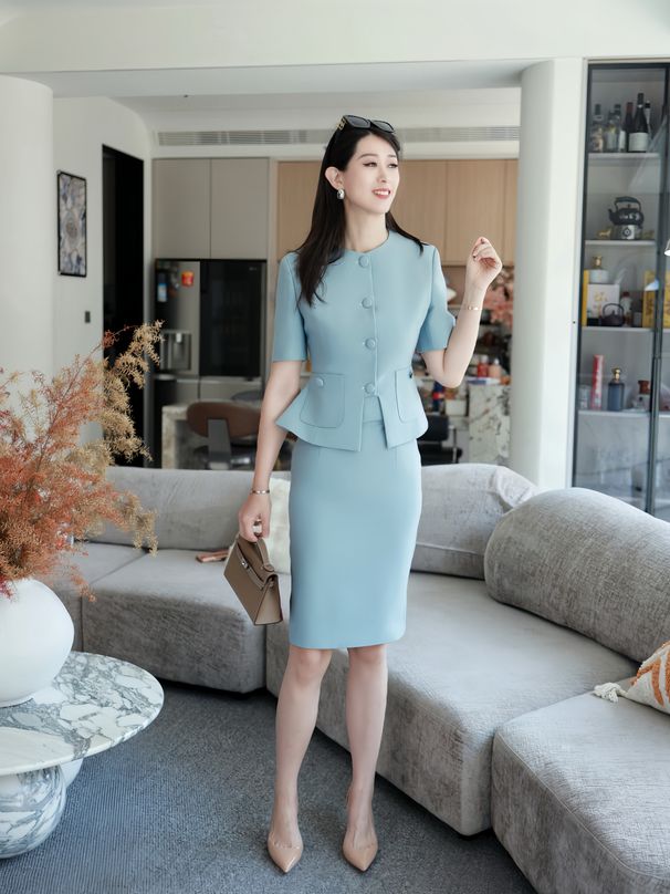 Himmelblauer Setrock für Damen, Frühling, Sommer, professionelle Kleidung, Host-Anzug, elegante High-End-Arbeitskleidung_voghion.com