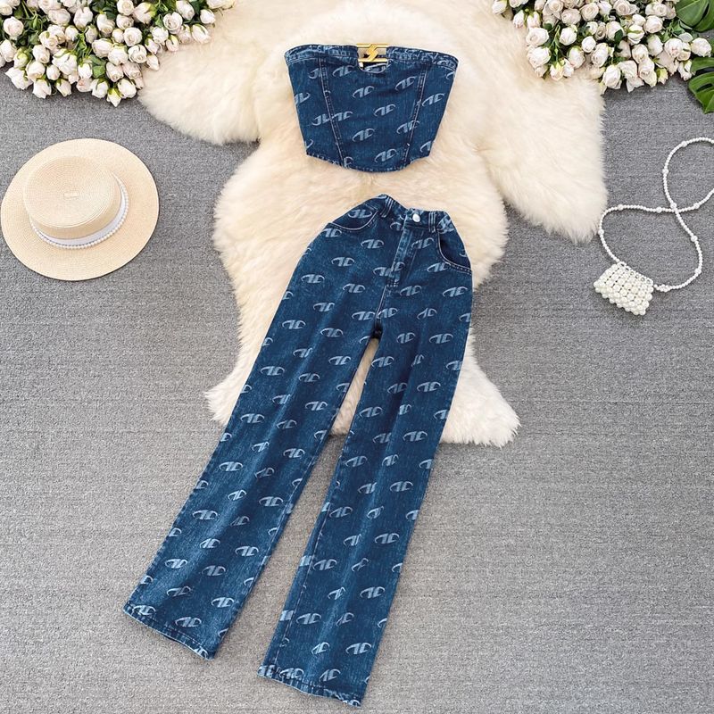 Ropa de mujer Conjunto de dos piezas de chaleco vaquero sin tirantes de moda para mujer Pantalones rectos adelgazantes de cintura alta informales_voghion.com