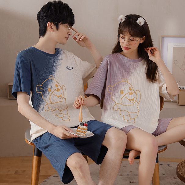 Vasaras pāru pidžama, kokvilnas, vasaras īsroku šorti, vīriešu multfilmu raksta jauns mājas apģērbu komplekts, sieviešu bez apdrukas_voghion.com