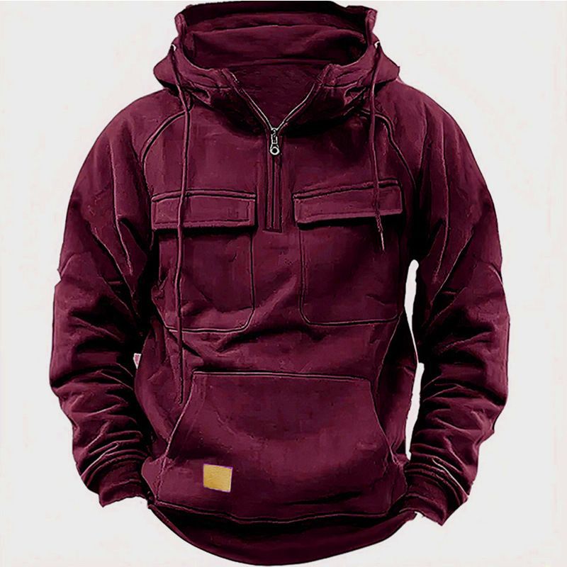 Felpa con cappuccio in pile da uomo - Abbigliamento casual da strada con cuciture a contrasto, vestibilità comoda per autunno e inverno_voghion.com