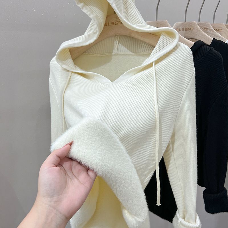 Maglione lavorato a maglia con cappuccio, in tessuto di velluto, con scollo a V, in pelliccia di visone e velluto, da donna, autunno e inverno_voghion.com