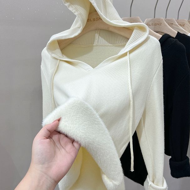 Maglione lavorato a maglia con cappuccio, in tessuto di velluto, con scollo a V, in pelliccia di visone e velluto, da donna, autunno e inverno_voghion.com