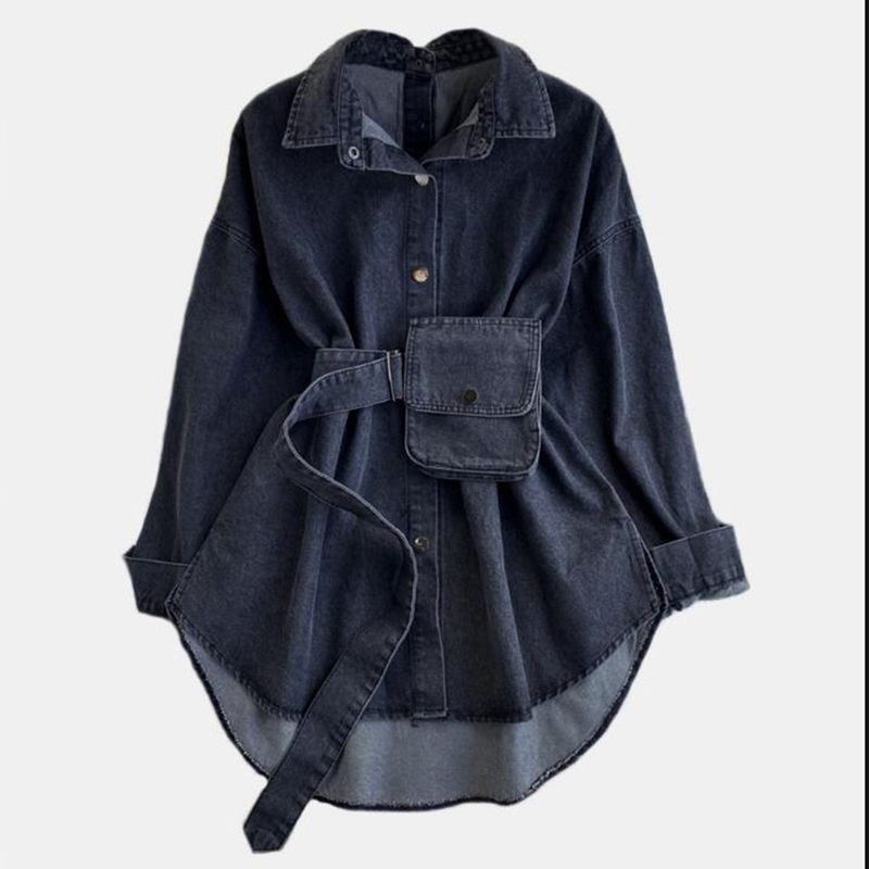 Design vestimentar pentru femei, geantă multifuncțională cu talie strânsă, fără spate, cămașă din denim pentru femei_voghion.com