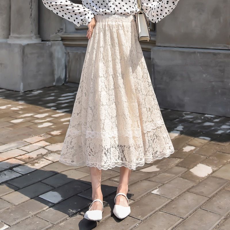 Gonna a vita alta, donna 2024 inizio autunno nuovo stile medio-lungo, gonna in pizzo a trapezio pendente_voghion.com