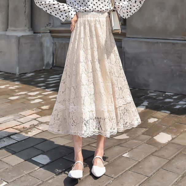 Gonna a vita alta, donna 2024 inizio autunno nuovo stile medio-lungo, gonna in pizzo a trapezio pendente_voghion.com