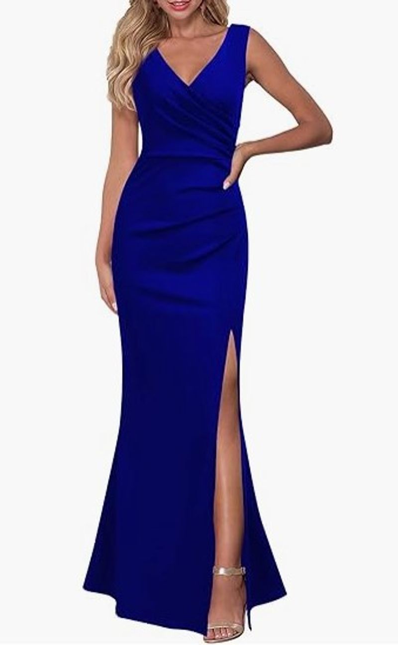 Damenbekleidung V-Ausschnitt Schlitz Abendkleid Cocktail Langes Kleid_voghion.com