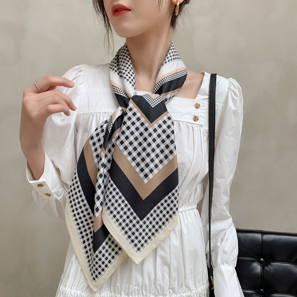 New 90 square with small grid design, artistic simple shawl scarf, breathable and sunscreen scarf_voghion.com