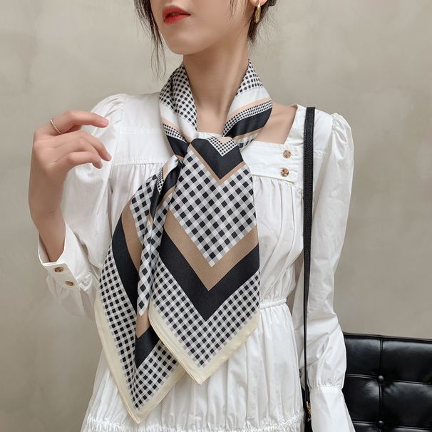 New 90 square with small grid design, artistic simple shawl scarf, breathable and sunscreen scarf_voghion.com