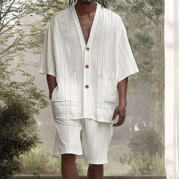 Abito da uomo a righe verticali bianco puro con doppia tasca, design con bottoni, cardigan, pantaloncini, abito a due pezzi_voghion.com