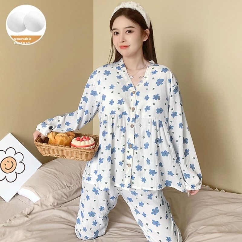 Large size 200 pajamas women 2024 Spring Autumn sweet style cardigan long sleeves and chest cushion, added with weight_voghion.com