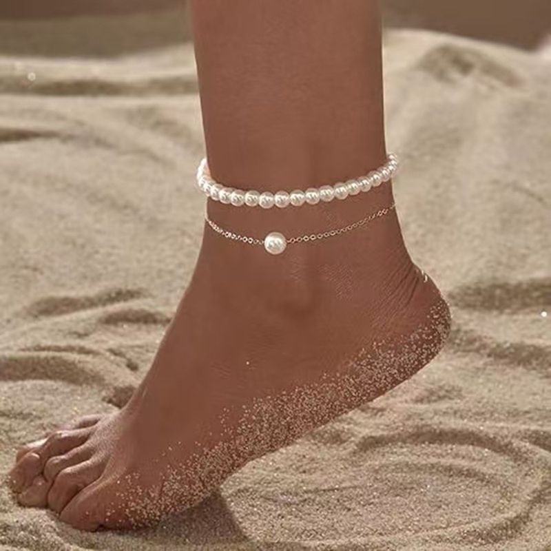 Set di due pezzi di cavigliera con perle, semplice, versatile, a doppio strato, impilabile_voghion.com