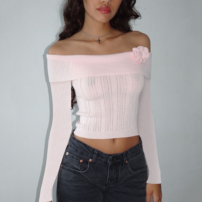Women's Clothing One Shoulder Three Dimensional Flower Long Sleeved Sweater Knitted Short Top_voghion.com