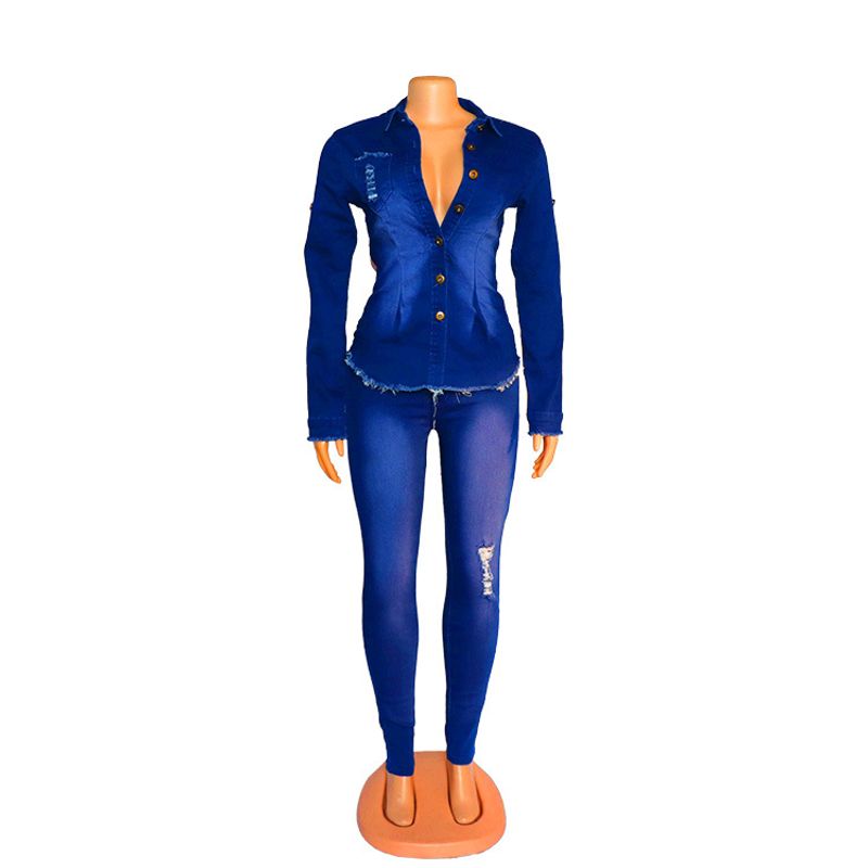 Nedenim women's clothing, fashionable denim suit, temperament, whitewashed and holed two-piece set_voghion.com