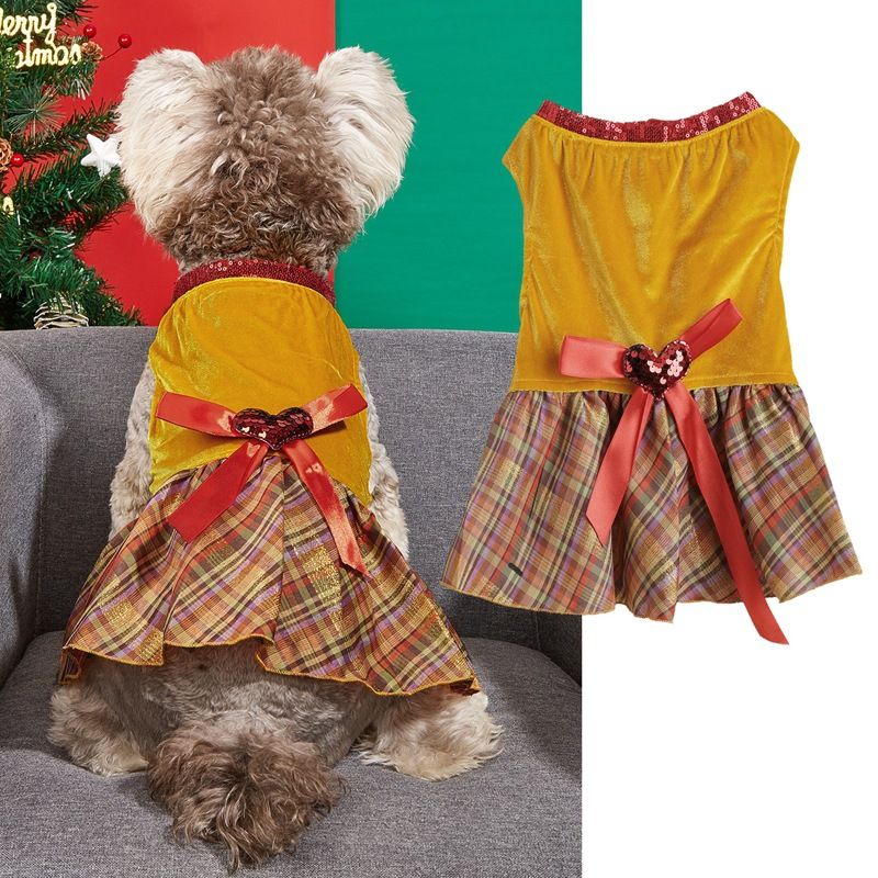 Christmas Pet Clothes Red Yellow Green Bow Love Heart Plaid Skirt Sleeveless Puppy Cat Skirt_voghion.com