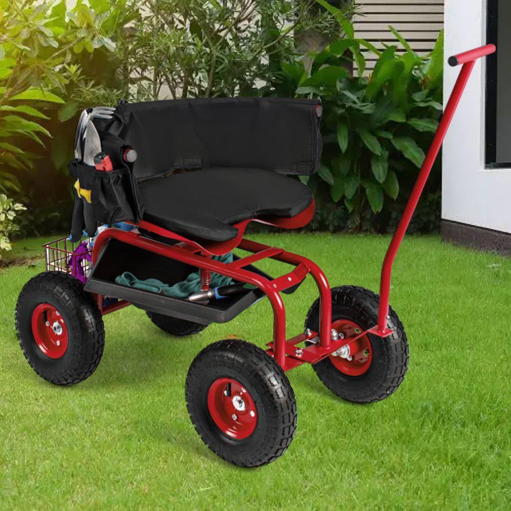 Carrello da giardino con ruote, sedile girevole regolabile in altezza e cestino portaoggetti_voghion.com