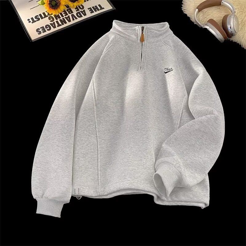 Spring New Minimalist Gray Stand Up Collar Sweatshirt For Men's Street Hooligans And Handsome Half Zip Pullover Jacket_voghion.com