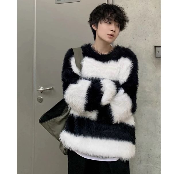 Herren Winter Gestreifter Pullover Schwarz Weiß Farbblock Strickpullover Unisex Übergroß Cleanfit Casual Streetwear_voghion.com