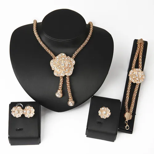 Modisches Rosen-Blumen-Schmuckset für Frauen, vergoldetes Hochzeits-Statement-Schmuckset, afrikanisches Braut-Halsketten-Ohrring-Set_voghion.com