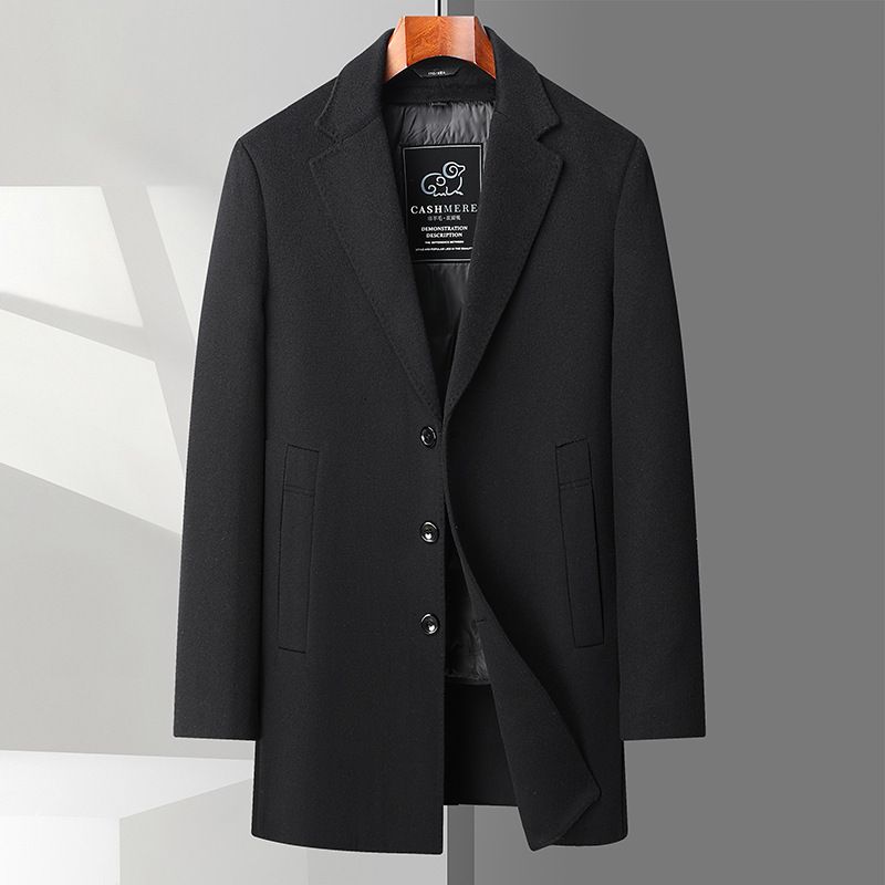 Men's Detachable Goose Down Lined Wool Blend Overcoat - Lightweight Business Casual Long Coat With Notch Lapel & Side Pockets (Black/Khaki/Gray)_voghion.com