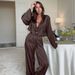 2025 Autumn Silk Cardigan Tie Sleepwear Two-Piece Set Loose Sleeve Long Pants Women's Loungewear_voghion.com