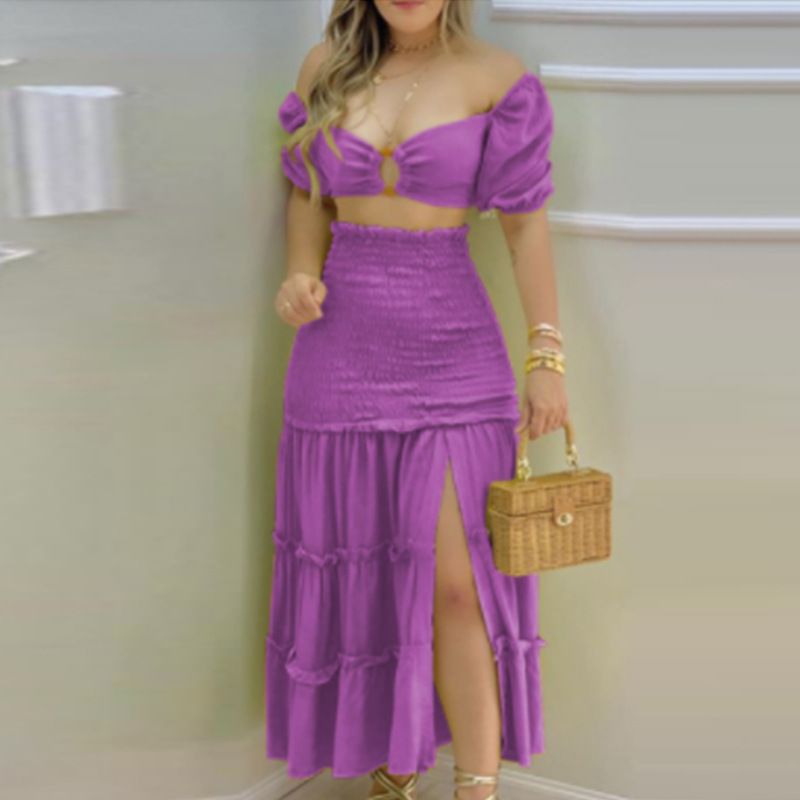 Women's One Shoulder Printed Slit Skirt Two-piece Set_voghion.com