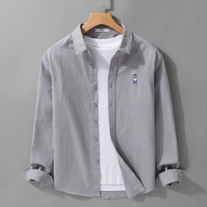 Men's Clothing Spring And Autumn Casual Pure Cotton Long Sleeved Shirt Versatile Bear Embroidery Trendy Loose Shirt_voghion.com