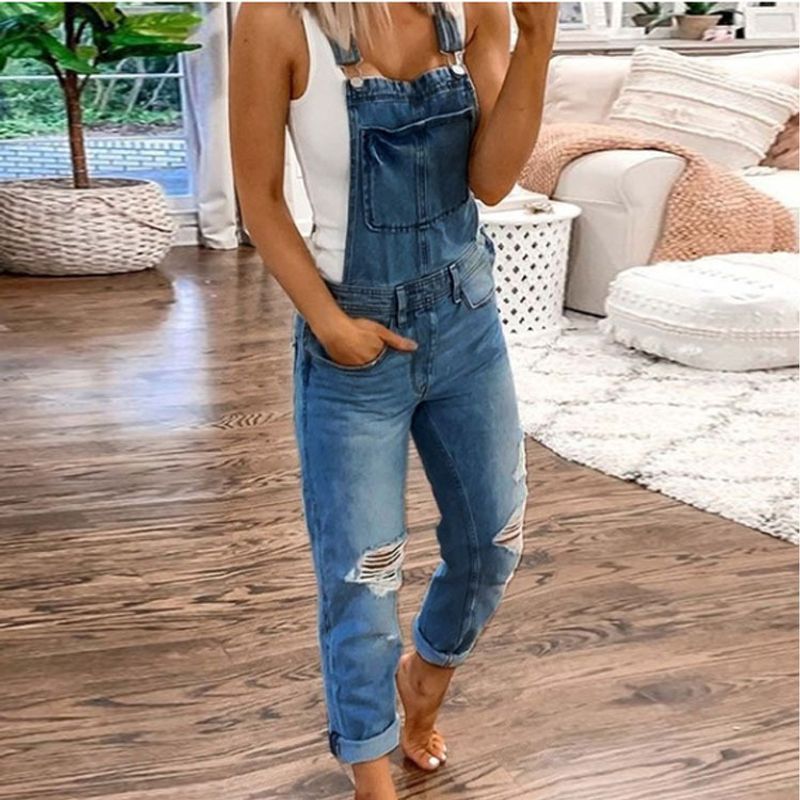 Damenbekleidung, Damenoveralls, zerrissene Löcher, ausgewaschener schmaler Overall, Overall, Damenhosen_voghion.com