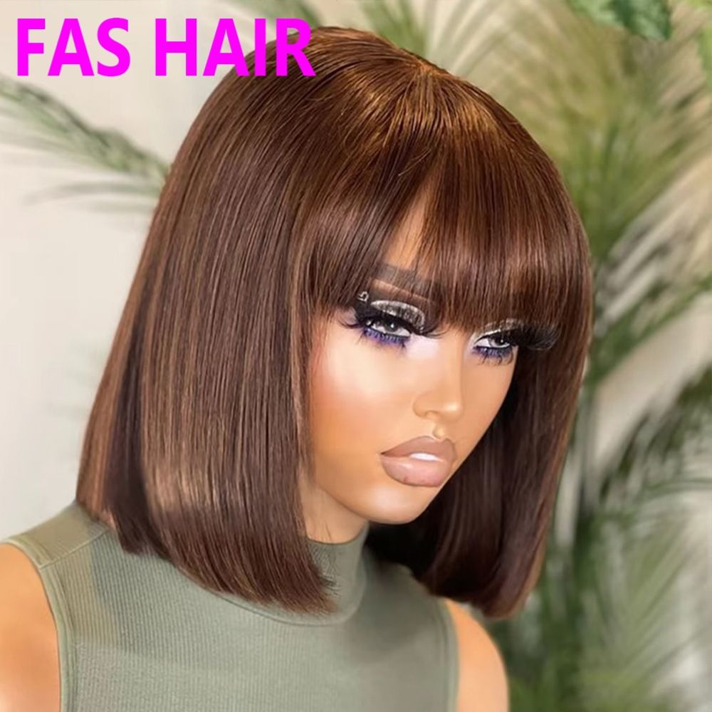 #4 Braune glatte Bob-Perücke mit Pony – 100 % Echthaar (natürliches Aussehen, mittellang, hitzebeständig)_voghion.com