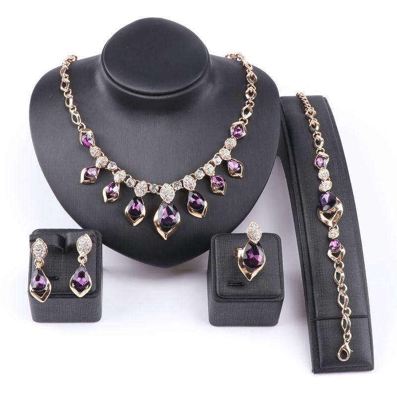 Goud Kleur Paars Zirkoon Oostenrijks Kristal Vrouwen Bruiloft Ketting Armband Oorbel Ring Sieraden Set_voghion.com