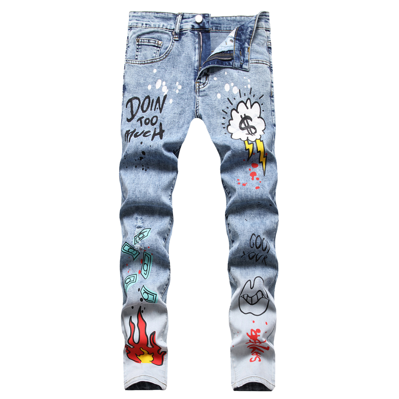 Jeans a gamba dritta con toppa stampata multicolore hip-hop della costa occidentale, vestibilità slim, elastici, con fiocco di neve fritto_voghion.com