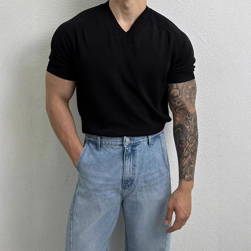 T-shirt d'été pour homme, style américain, col en V, tricoté, manches courtes, en soie glacée, fin, style rétro, respirant, pour le printemps et l'été_voghion.com
